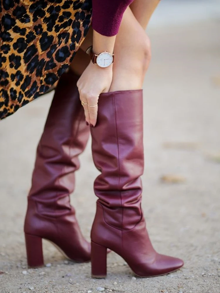 Burgundy Block Heel Boots Knee High Matte Leather Round Toe Slip On Winter Boots Autumn Custom Made Newest Shoes