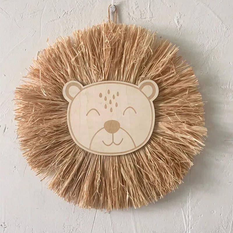 Nordic Nursery Decor Handmade Wood Straw Woven Cartoon Lion Decoration Wall Hanging Ornament for Children\'s Room Decoration