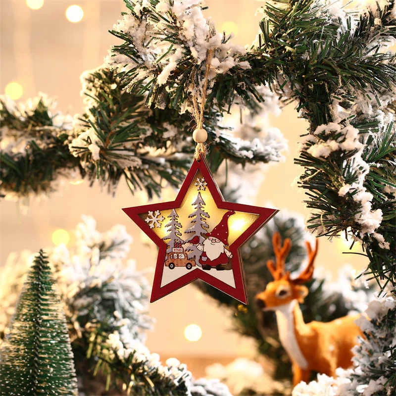 Xmas Red Forest Old Man Wooden Luminous Pendant Christmas Tree Decorations Round Star Pentagram Pendants