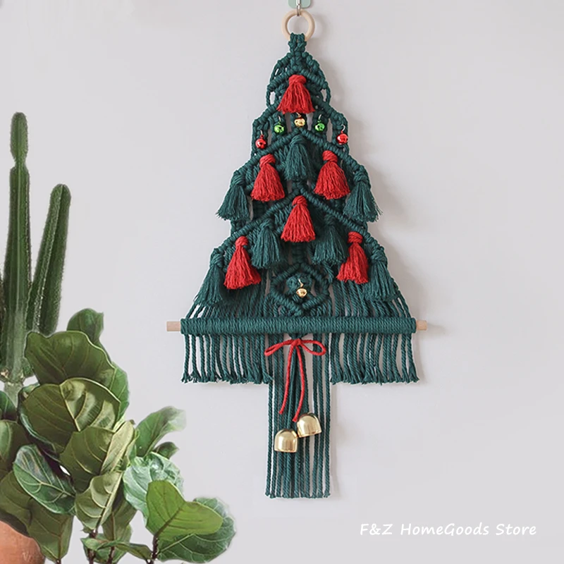 Macrame Christmas Tree Wall Hanging Tapestry Tassels Bells Handwoven Boho Decoration Bohemian Decor For Living Room Kids Gift
