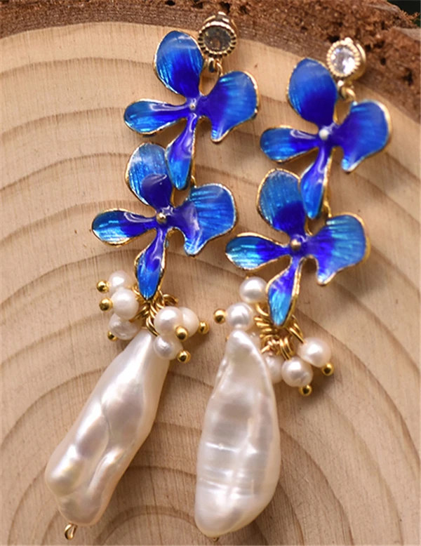 HABITOO Elegant 12-22mm Natural Freshwater White Biwa Baroque Pearl Cloisonne Flowers Dangle Drop Earrings Women Jewelry Gift