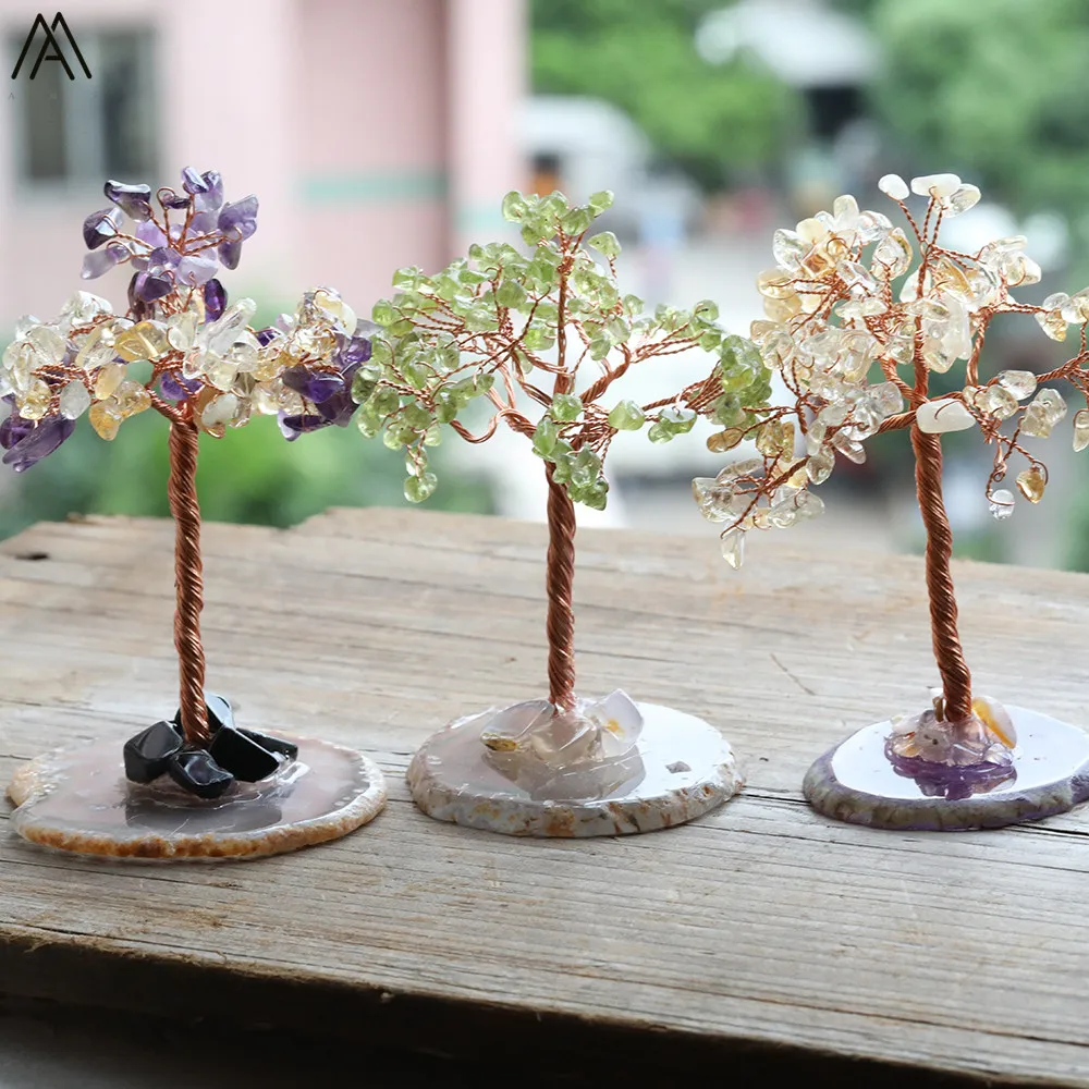 

Inlay Slice Agates Bases Natural Quartz Crystal Money Tree Decoration Jewelry Home Gemstons Chip Beads Tree Lucky Wealth Jewelry