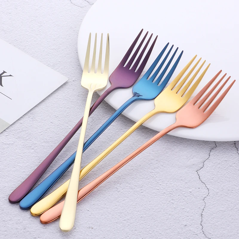 8 Colors Stainless Steel Dinner Fork Set Korea Colourful Dessert Fork With Long Handle Gold Blue Fork Set for Hotel Party