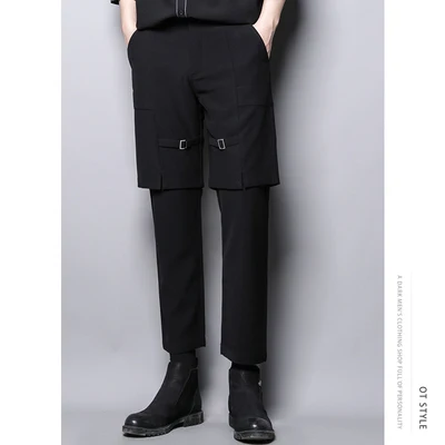 Dark Department personality design high sense of false two casual pants nine-inch small pants male hair stylist Korean version