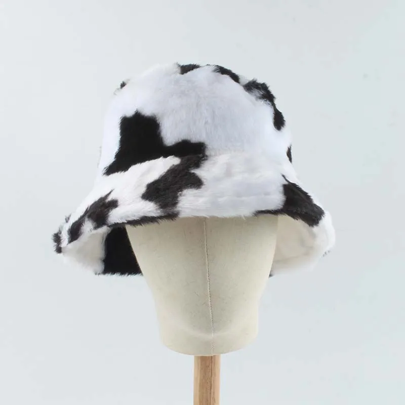 Faux Fur Winter Hats For Women Black White Cow Print Bucket Hat Men Panama Fisherman Caps Gorras