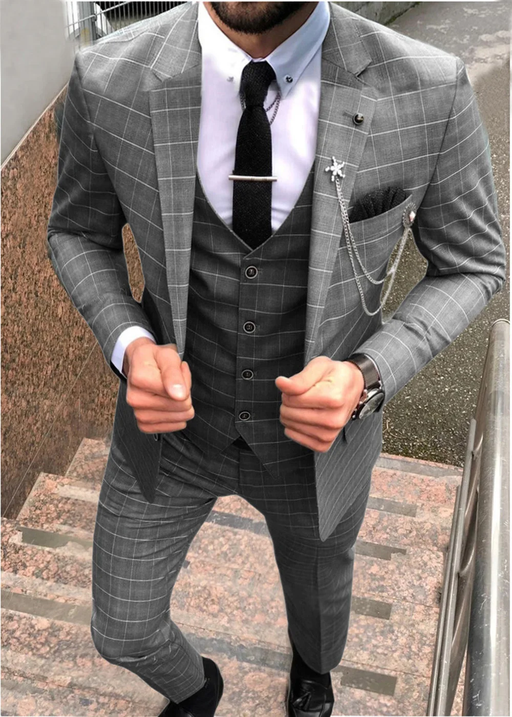 

Teal/Grey/Brown Men's Suit 3 Pieces Plaid Business Casual Notch Lapel Tuxedos Groomsmen Men Suits for Wedding(Blazer+vest+Pants)