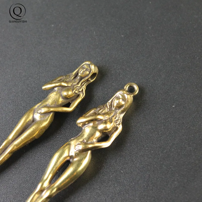 Creative Brass Beauty Women Keychain Pendants Pure Copper Handmade Goddess Ear Pick Tool Gift Men Car Key Chain Keyring Hangings