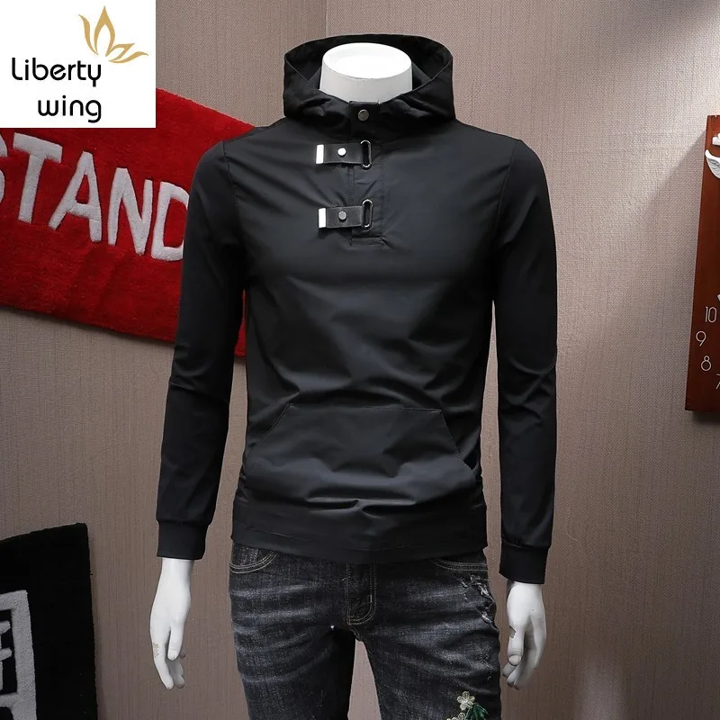 

Fashion Mens Pullover Slim Fit Casual Hoody Tops New Designer Buckle Outwear Coat Male Streetwear Pockets Cap Jacket