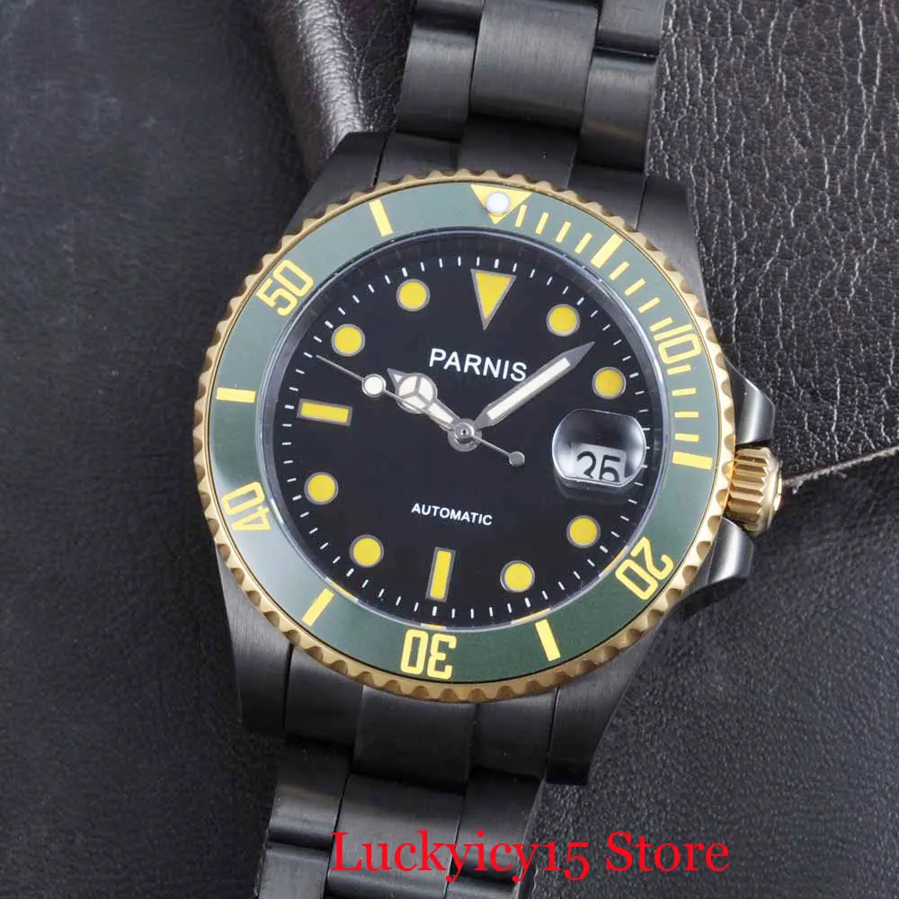 PARNIS Whole Black PVD Men Wristwatch Date Window 40mm Sapphire Glass Date Green Rotating Bezel Automatic Movement