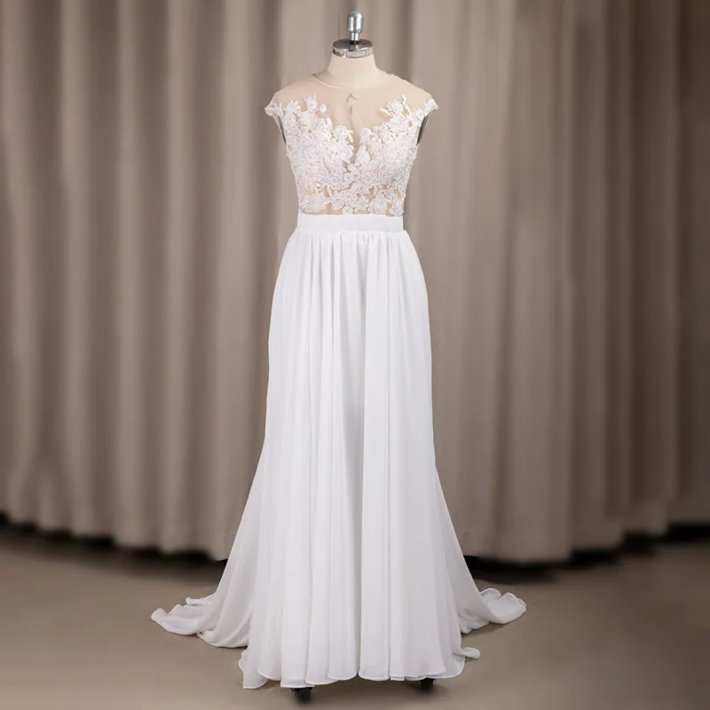 4177 # a-linie Cap Sleeve Illusion Champagne Spitze Sexy Destination Chiffon Braut Kleid Hochzeit Kleid