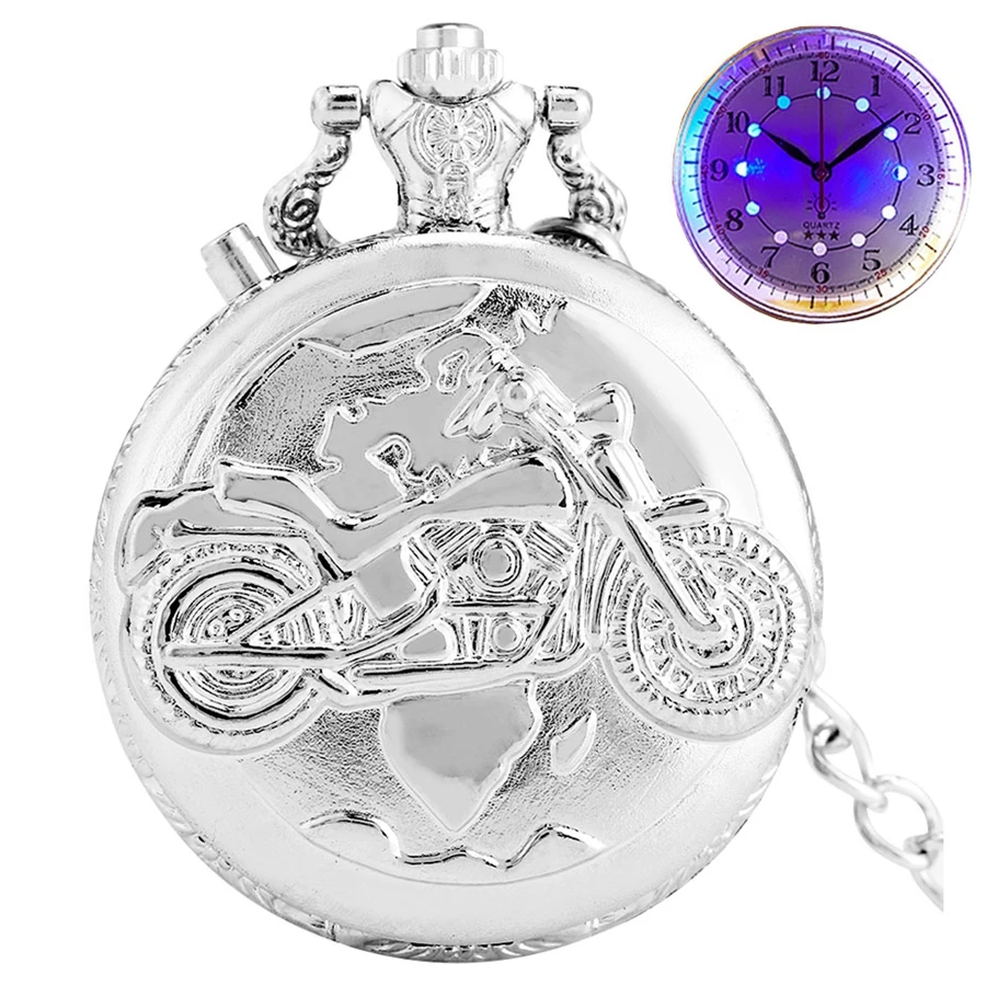 Argento MOTO luminoso LED Flash MOTO MOTO Design moda orologio da tasca al quarzo intagliato orologio a catena Fob regalo per uomo donna