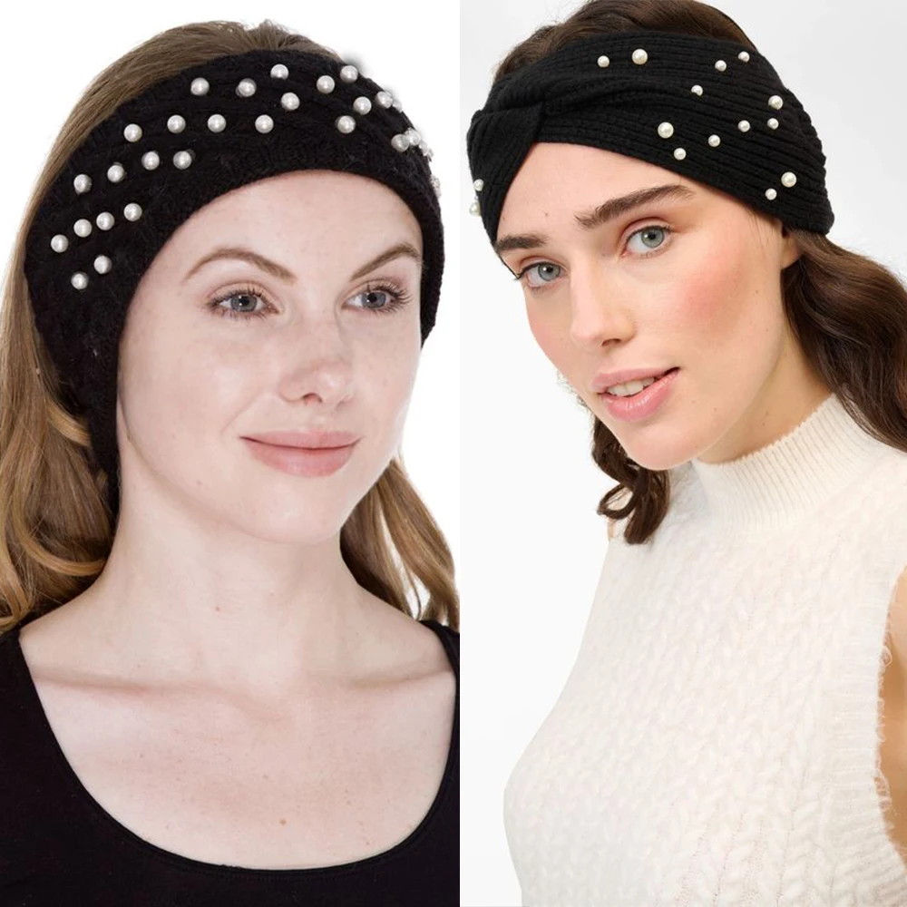 Bow Women\'s Headbands Pearls Head Bands Knitted Turban Bandana Autumn Winter Elastic Hairband Warm Hair Accessories Headdress