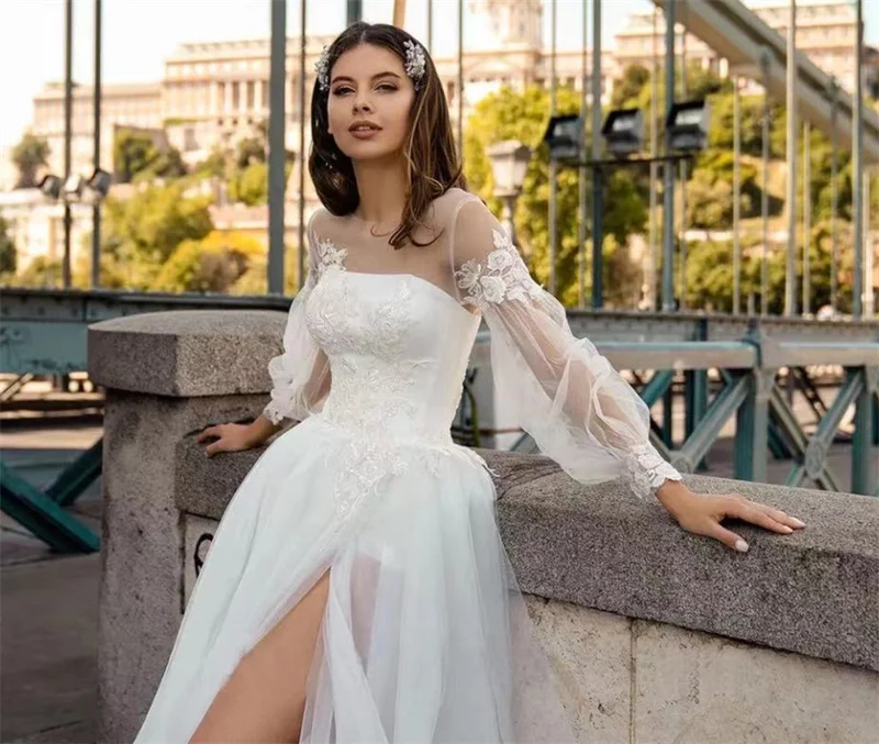 A-Line aplikacje suknie ślubne w stylu Boho bufiaste rękawy Sweep Train Sexy wysokie rozcięcie Boho Bride suknie Vestidos De Novia robe mariée