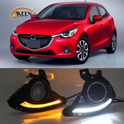 OKEEN 2pcs Car LED Daytime Running Light for Mazda 2 Demio 2015 2016 2017 White LED DRL Drive Yellow Turn Signal Lamp Fog light