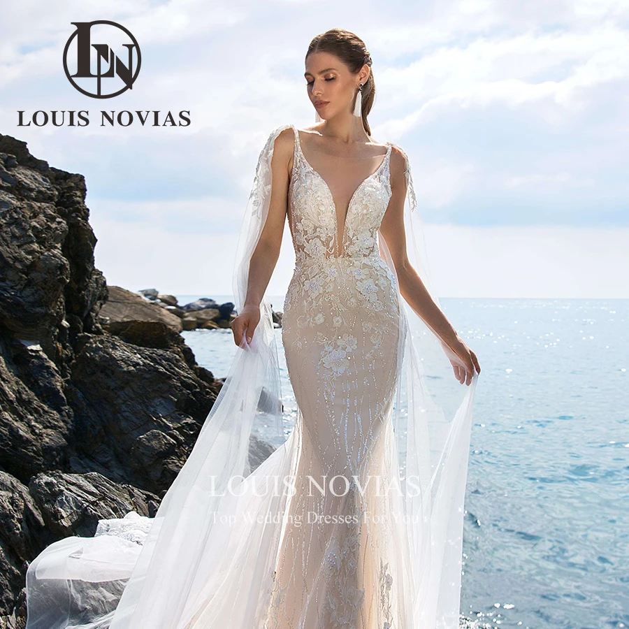 Louis novias-女性の人魚のウェディングドレス,セクシー,スパゲッティストラップ,ホルター,ビーズ,深いVネック,ウェディングドレス