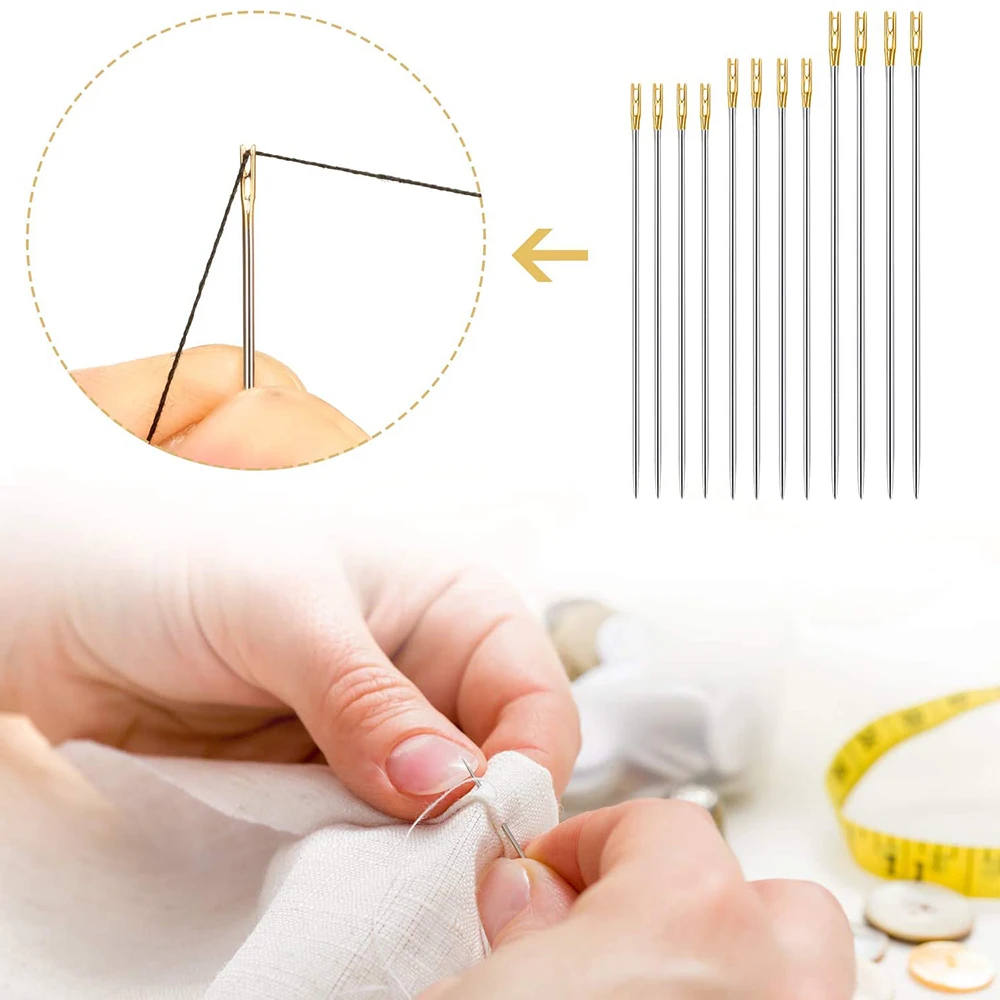 12/24Pcs Self Threading Sewing Needles Side Easy Threading Embroidery Needles Stitching Pins 3 Sizes Hand Sewing Blind Needles