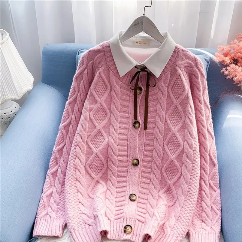 Autumn New Fashion Sweater Women Beige Blue Pink Yellow Knit Jacket Korean Loose O-Neck Long Sleeve Knitted Cardigan Tops Female