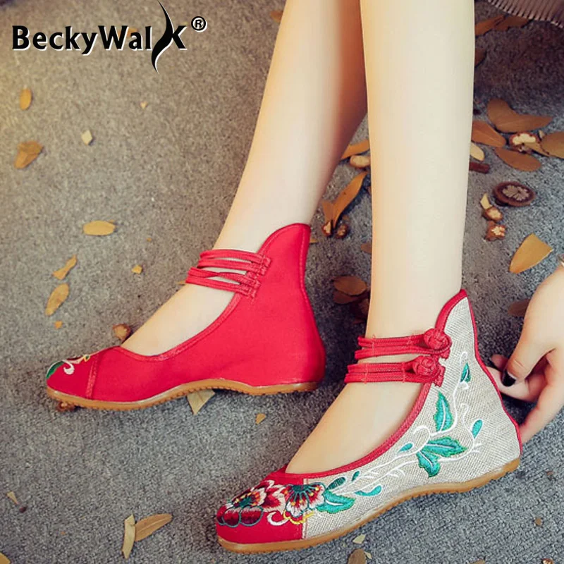 New linen embroidered cloth shoes linen tendon bottom casual women\'s shoes high hibiscus flower shoes WSH2288