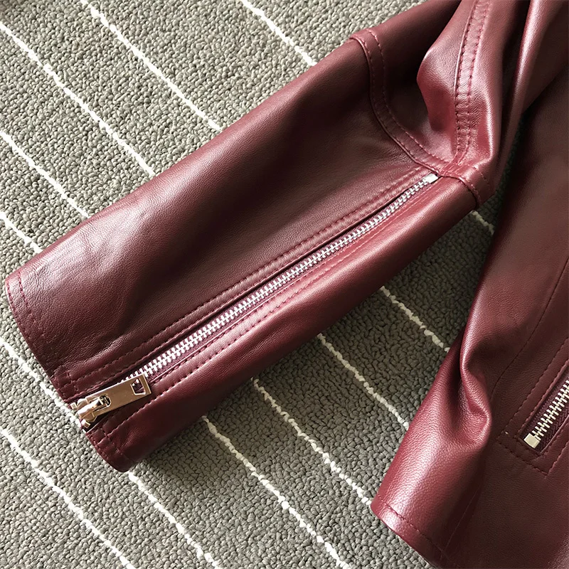 Genuine Leather Jacket For Women Classic Ladies Moto Biker Jacket 2023 New Spring Autumn Vintage Burgundy Loose Casual Outwear