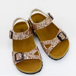 Shining Summer Sandals for Kids, sapatos metálicos, cortiça infantil, couros doces, na moda, meninas, criança, bebê, glitter, 2020