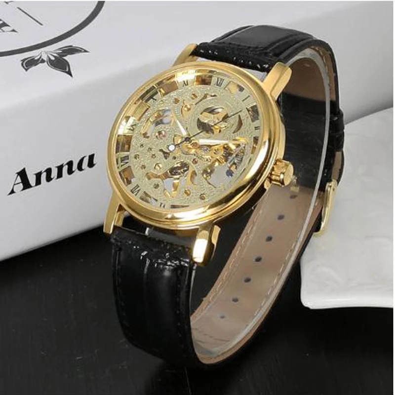 2021 Top Brand Fashion Luxury Casual Watch Winner Hollow Dial Design Clock Manual Winding Waterproof Leather Wristband Watches