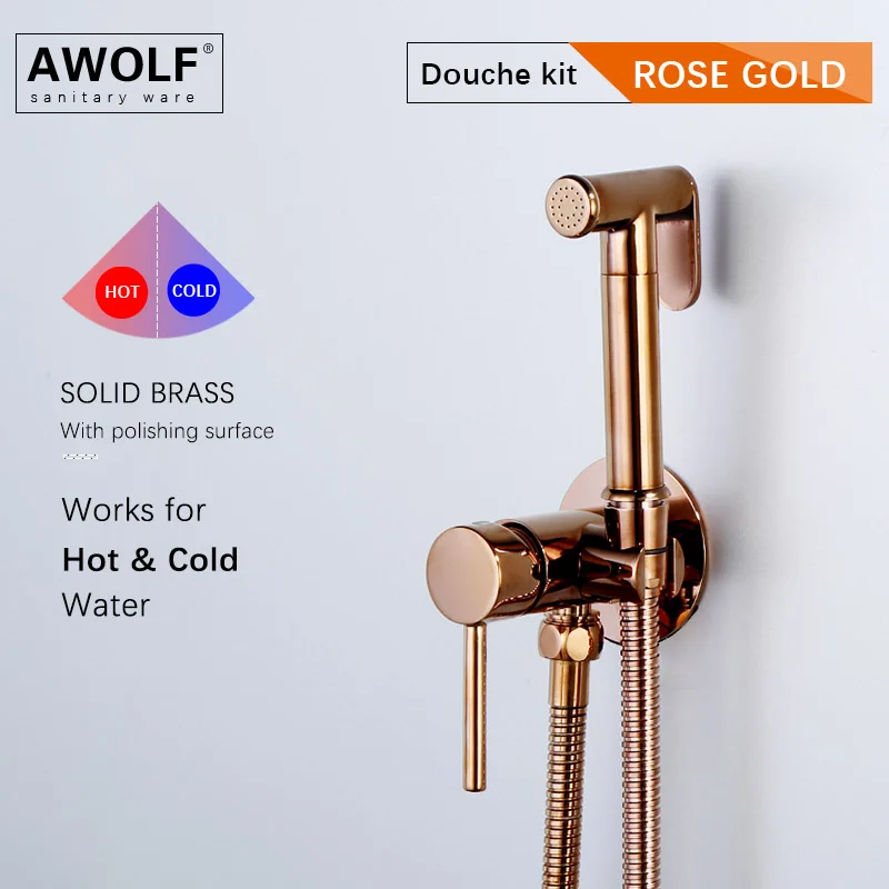 Awolf Rose God Bidet Toilet Shower Solid Brass Hygienic Shower Hot and Cold Bidet Sprayer Mixer Douche Kit анальный душ AP2238