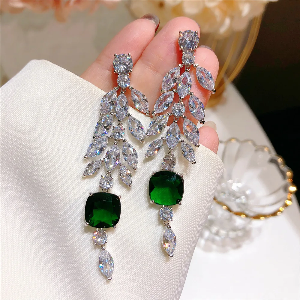 Women's Stud Drop Earrings S925 Silver Needle Cubic Zirconia Eardrop Vintage Green Leaves Accessories Engagement Fashion Jewelry