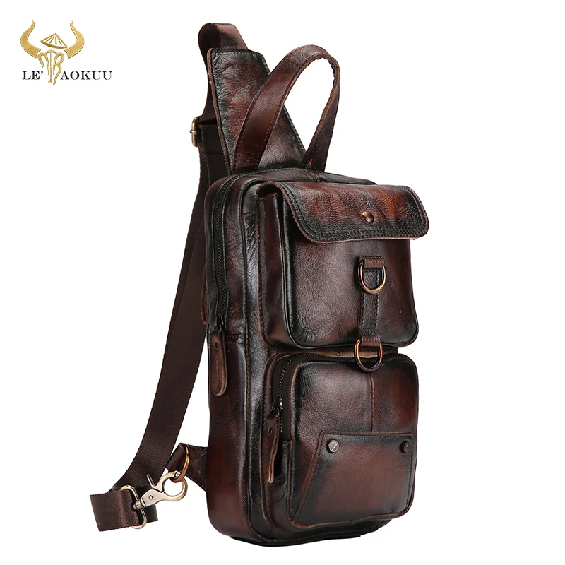 

New Fashion Real Original Leather Coffee Sling Chest Bag 8" Tablet Design One Shoulder Strap Cross-body Bag For Men Male 8021