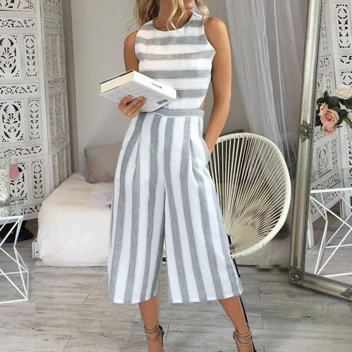 Women\'s Jumpsuit 2020 New Fashion Sleeveless Striped Clubwear Playsuit Bodysuit Party Jumpsuit & Romper Chiffon Long Trousers