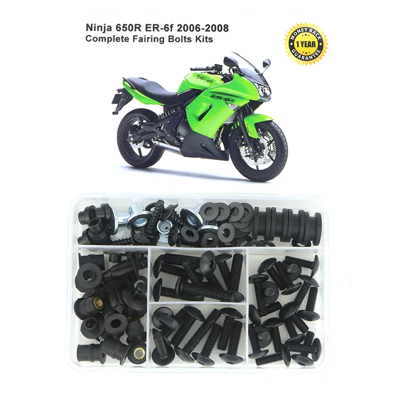 Passend für Kawasaki Ninja 650R ER-6f 2006-2008 Motorrad Komplettes Verkleidungs-Schraubenset Clips Unterlegscheiben Muttern Befestigungselemente Stahl