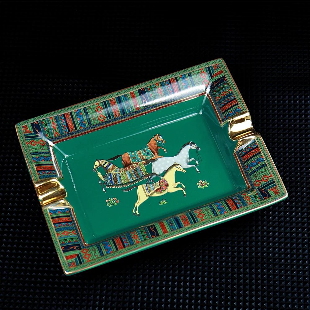 Ceramic Cigar Ashtray Simple Large Home Living Room Decoration Tabacco Ash Holder Tray Green Horse Gift Box Package CA-023