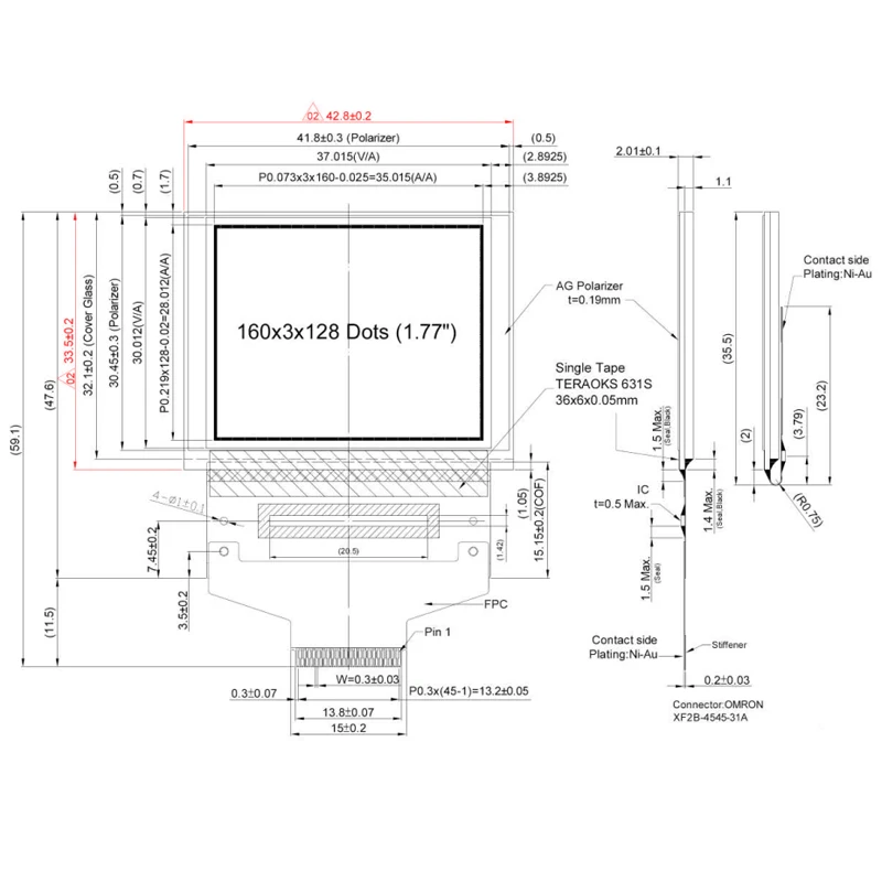 1.77 inch 45PIN Full Color OLED Screen SSD1353 Drive IC 160*128 (Short FPC)