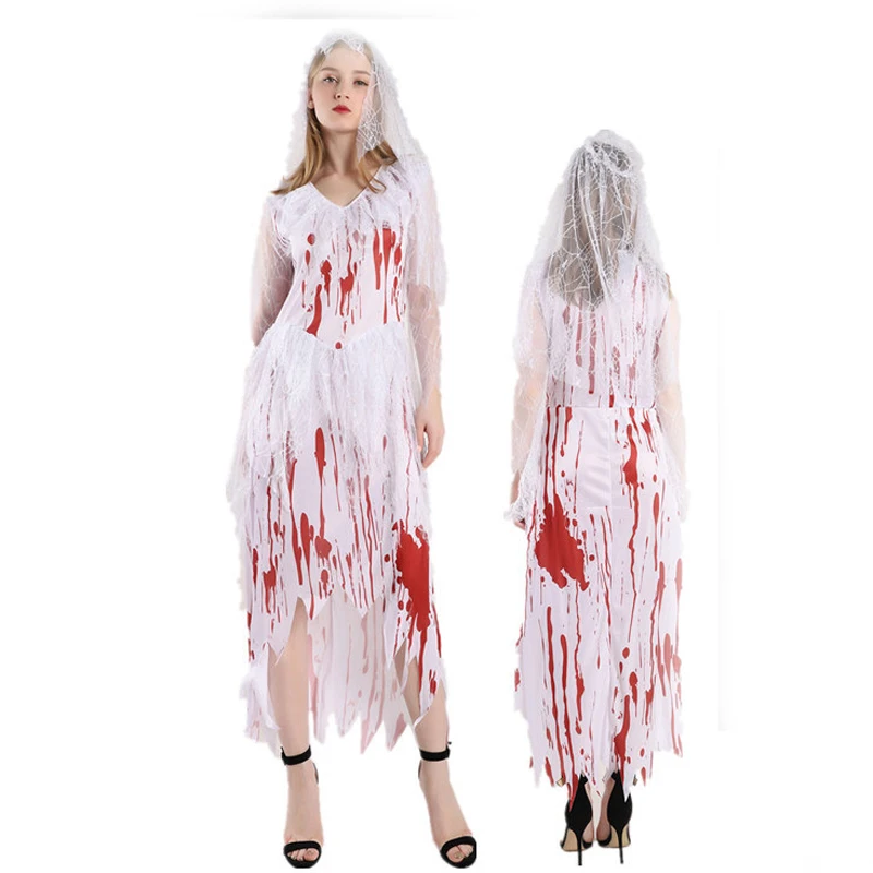 Halloween Women Bloody Bride Cosplay Horror Zombie V-Neck Lace Head Veil Irregular Hem Skirt Ghost Festival Ladies Costumes New