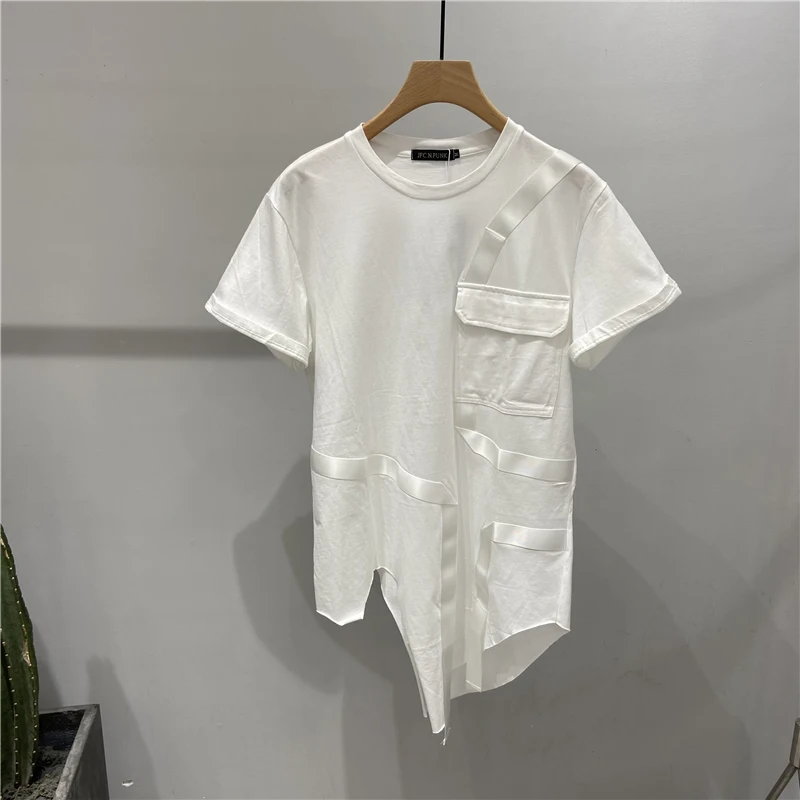 

Men's Short Sleeve T-Shirt Summer New Fashion Niche Designer Ribbon Splicing Fashion Trend Leisure Loose Large Size Half Sleeve