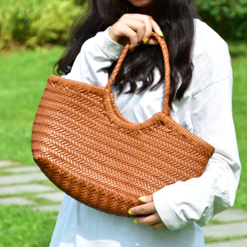 Genuine Leather Hand-woven casual vegetable basket bag with  Woven Inside Bag Vintage Shopping Bag Tote Bag Crossed Tote Bags