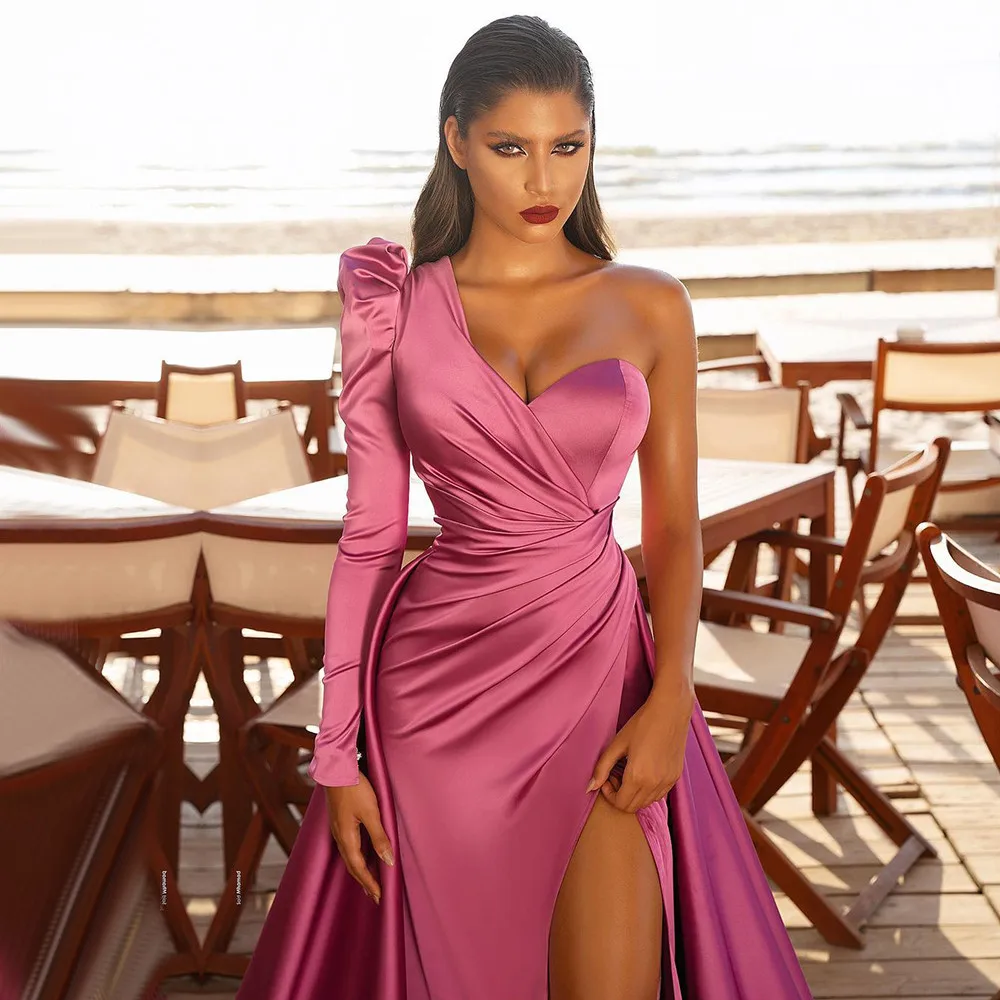 Simple Rose Pink Pleat Satin Sexy One Shouldr Evening Dresses Gowns 2024 A-Line High Split For Women Party Night Celebrity Dress