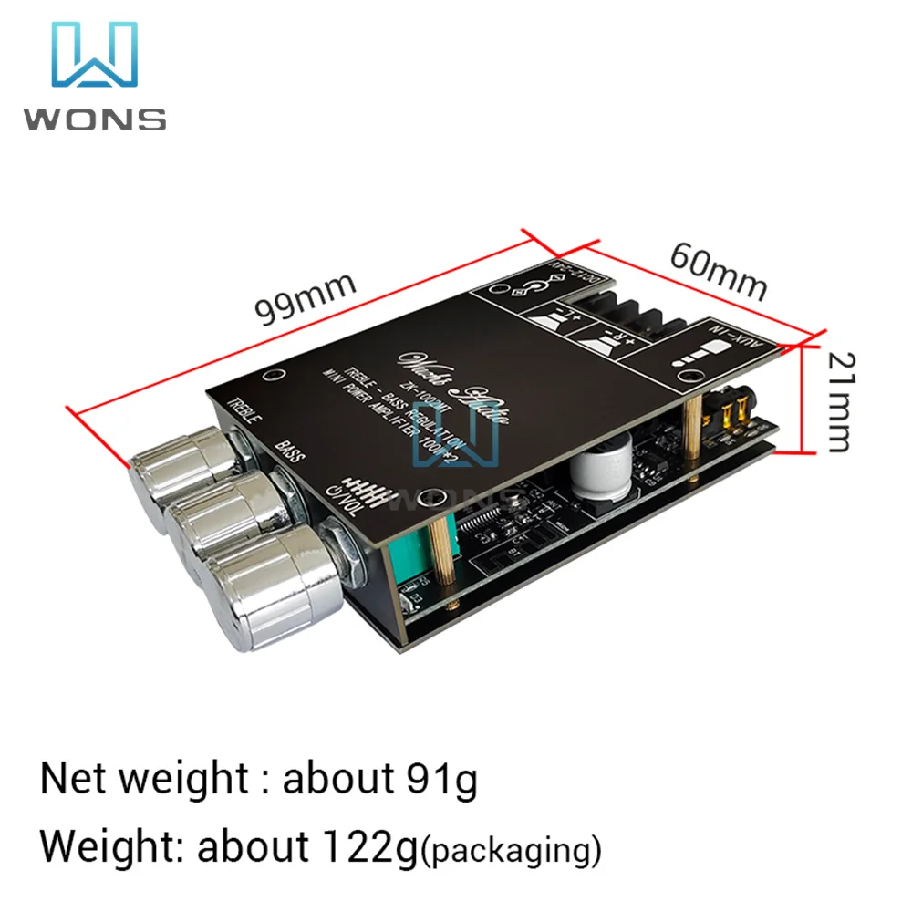 ZK-1002MT Pitch High and Bass Regulation Mini Stereo Dual Sound Channel Bluetooth Audio Power Amplifier Board Module 100W*2