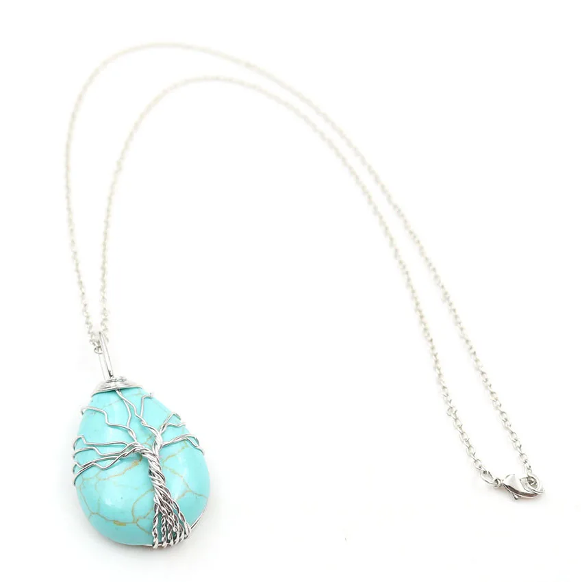 Green Turquoises Stone Water Drop Silver Plated Wire Wrap Pendant Tree of Life Necklace Link Chain Rock Crystal Jewelry