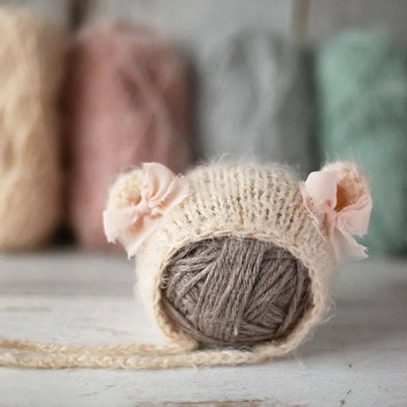 Cute Newborn Baby Knitted Hat Mohair Knitting Soft Bear Bonnet With Bow Infant Animal Cap Photo Props Accessories