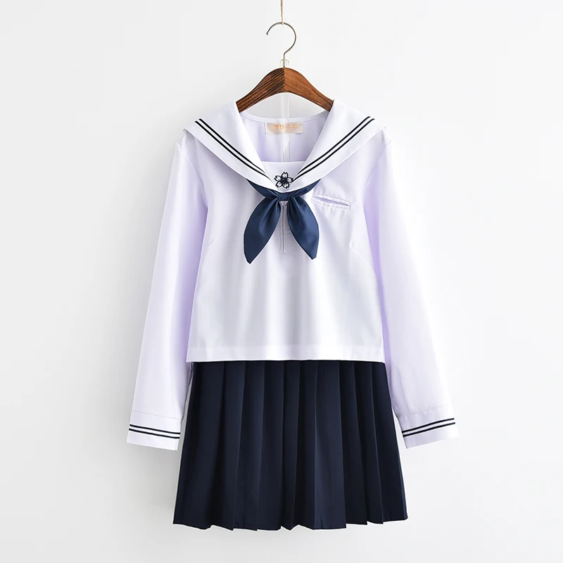 Uniformes escolares japoneses para meninas, terno de marinheiro manga comprida, top branco, saia plissada marinha, Sakura Padrão Cosplay, terno de estudante, conjuntos JK