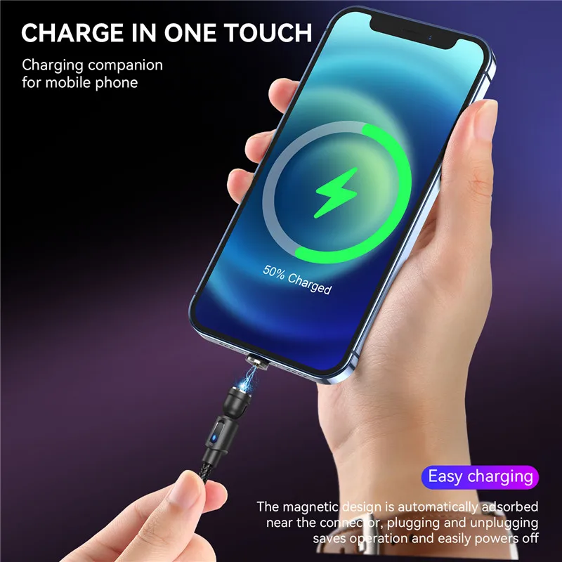 USLION 540 Rotate Magnetic Cable Micro USB Type C Charger LED Cable USB C PVC Cable For iPhone 12 11 Pro XS Max Samsung Xiaomi