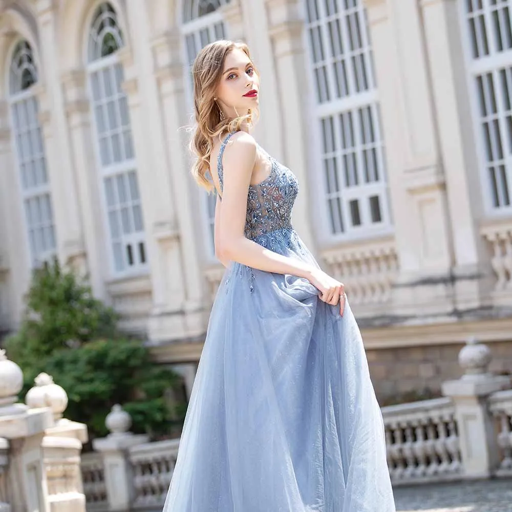 YQLNNE Sweet Dusty Blue Long Prom Dresses Straps Tulle Crystals Backless Formal Party Gown