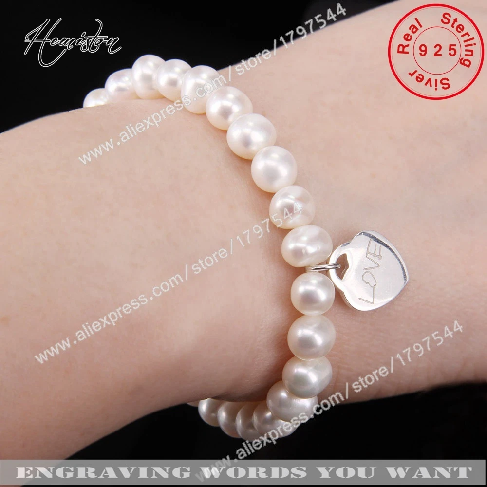 Thomas Freshwater Pearls Bracelet with Heart Charm, Engrave Words You Want, Jewelry Gift  for Women TS B146