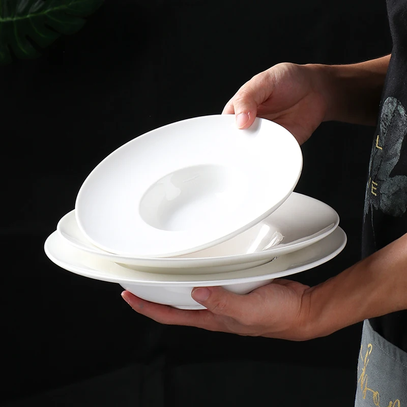 White Ceramic Plate Hotel Tableware Straw Hat Plate Dessert Plate European Style Pasta Soup Plate Household Round Deep Plate Set