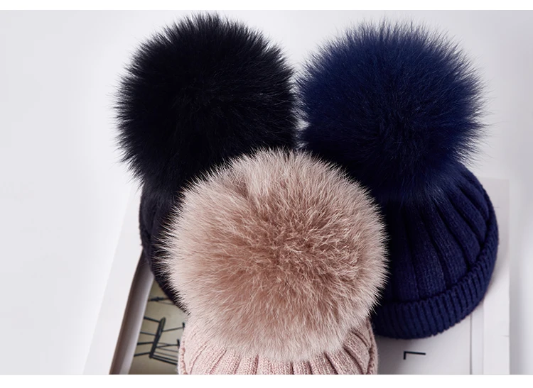 Winter women Girls real fox fur pom pom knitted beaines cap Kid baby Boy Child Rabbit fur knitting skullies hat Cashmere gorros