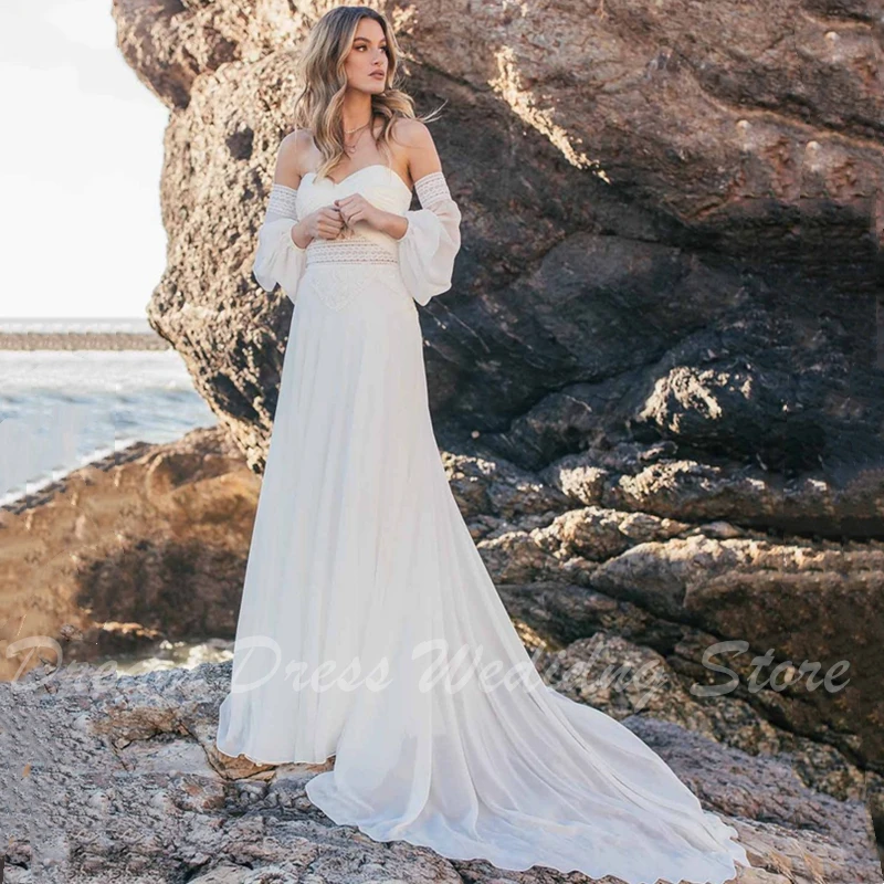 Abito da sposa bohémien semplice personalizzato a maniche lunghe 2024 Abito da sposa in chiffon con scollo a cuore Robe De Soirée De Mariage per le donne