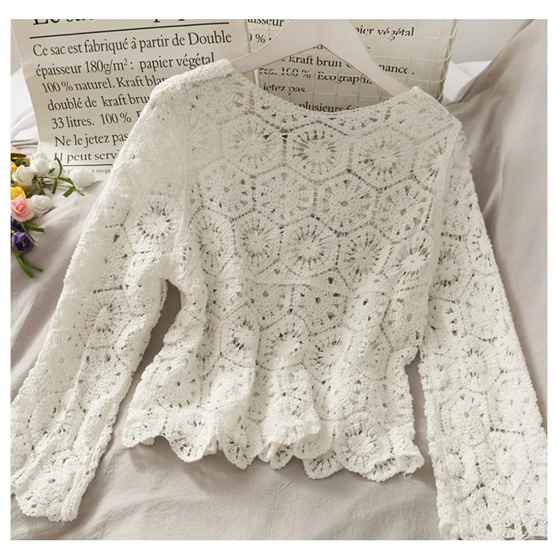 Korean Style Loose Hollow Lace Shirt for Female, Kpop Tumblr, Thin Sleeve Top, Crochet Design, New Arrival,Autumn