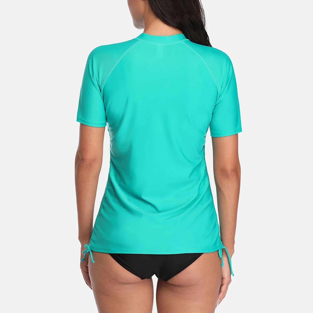 Charmo camicie Rash Guard a maniche corte da donna con Zip davanti costumi da bagno Top fasciato laterale Solid Top Diving Shirt UPF 50 +