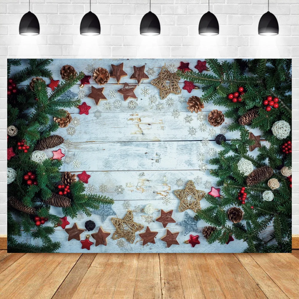 

Laeacco Old Wooden Boards Texture Christmas Backdrop For Photography Pine Leaves Star Pattern Photocall Background Photo Studio