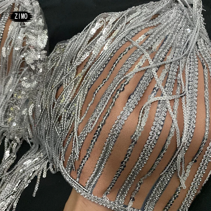 반짝 이는 실버 스팽글 술 비키니 세트 여성 섹시한 백 레스 브래지어 반바지 나이트 클럽 Dj 가수 바 무대 쇼 폴 댄스 의상